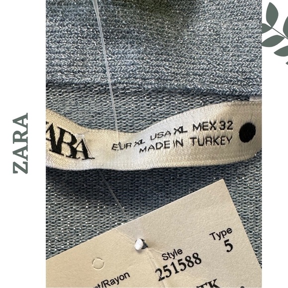 Zara Shimmer Metallic Collared Knit Top Long Sleeve Light Blue Key Hole Size XL - Picture 8 of 8